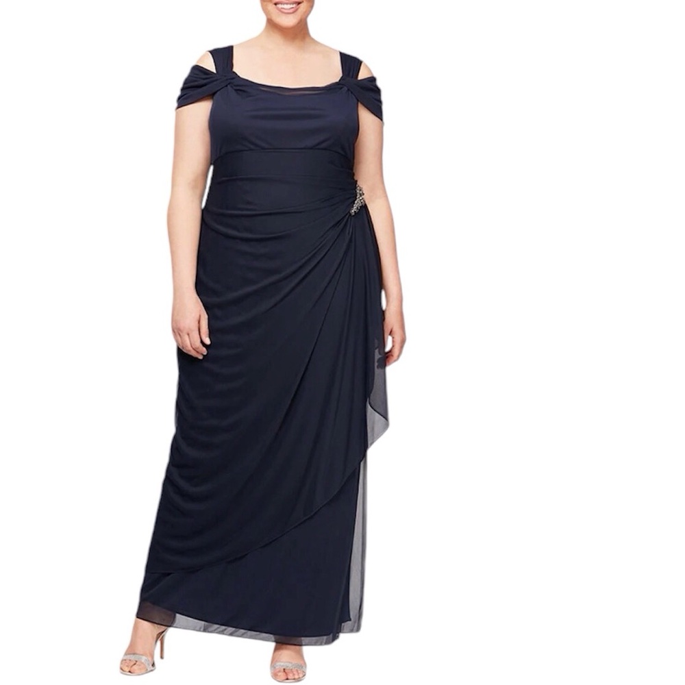 Alex Evenings Blue Off Shoulder Mesh Gown Bead Embellished Size 20W